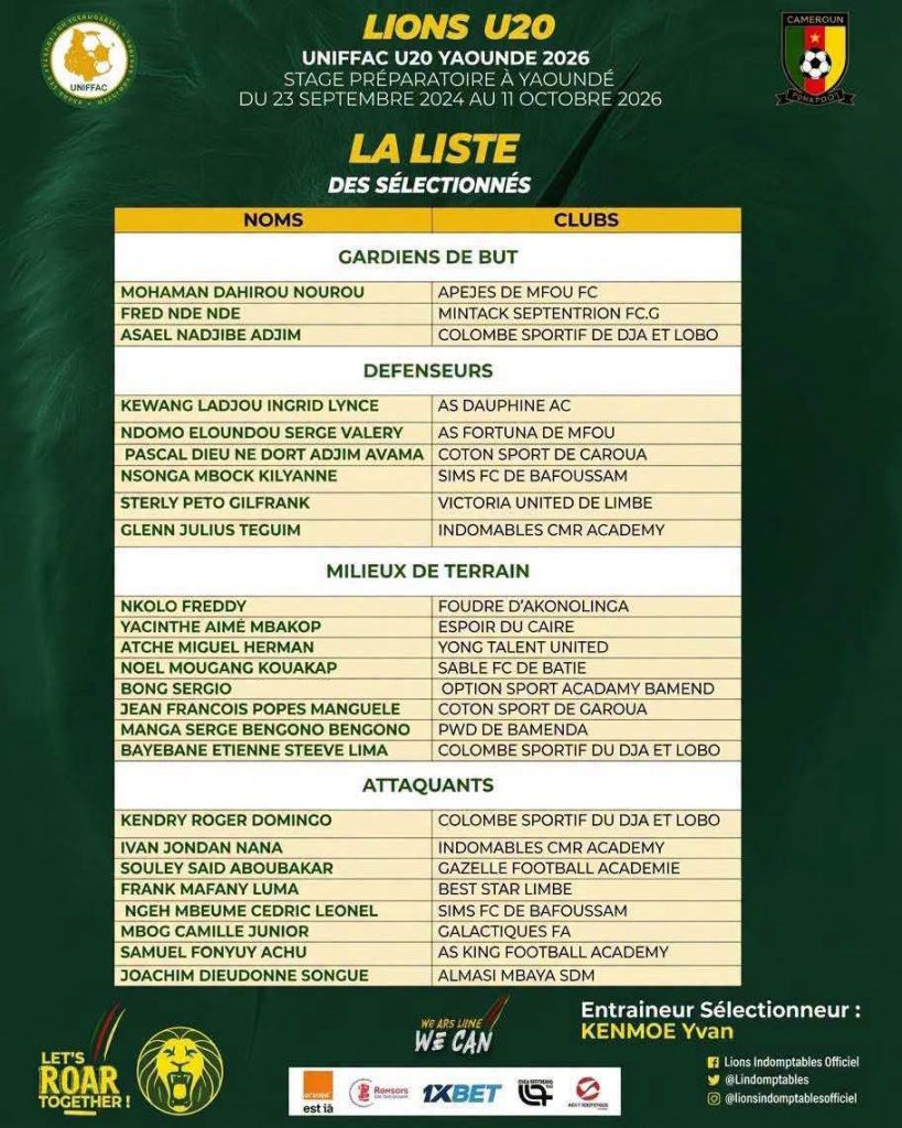 Les 25 Lions U20 convoqués par Yvan Kenmoe pour le dernier stage préparatoire au tournoi UNIFFAC 2026