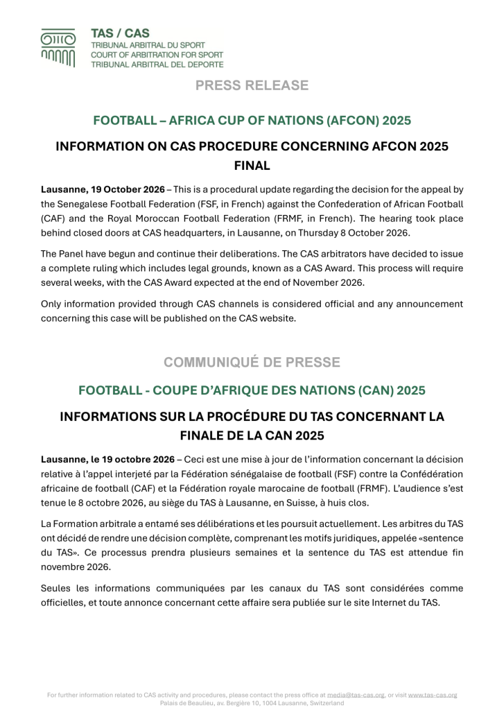 Communiqué du TAS